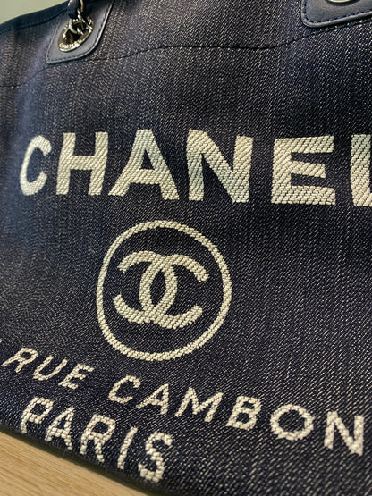 Chanel Navy Blue Denim Deauville Shopping Tote Bag
