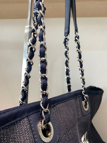 Chanel Navy Blue Denim Deauville Shopping Tote Bag