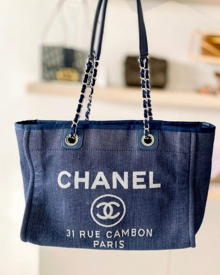 Chanel Navy Blue Denim Deauville Shopping Tote Bag