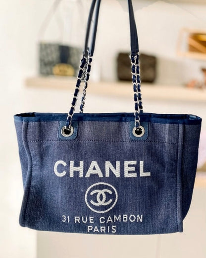 Chanel Navy Blue Denim Deauville Shopping Tote Bag